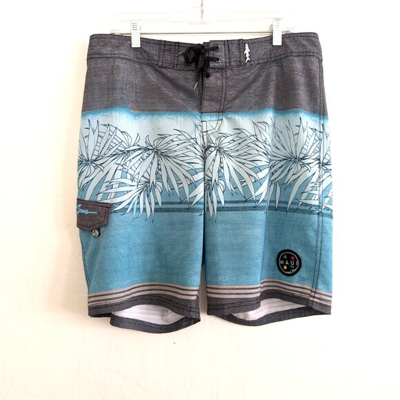 MAUI & SONS Board Short Men's 32 (34) Gray Blue 4 Way Stretch Logo Tie Waist - Picture 9 of 16